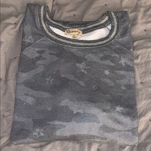 Democracy camo sweatshirt with ruffle detail